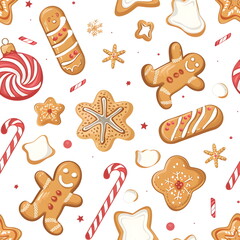 Seamless Christmas pattern with gingerbread cookies, stars, snowflakes and candy canes in cozy holiday style, warm festive colors on a clean white background, elegant seasonal design, seamless repeat 