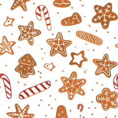 Seamless Christmas pattern with gingerbread cookies, stars, snowflakes and candy canes in cozy holiday style, warm festive colors on a clean white background, elegant seasonal design, seamless repeat 