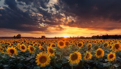 Obraz premium Sunflowers At Sunset With A Dramatic Sky