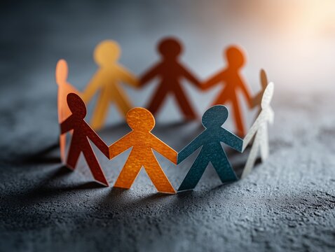 diverse chain of colorful paper figures holding hands in a circle on a dark textured surface, symbolizing unity, teamwork, community, and support. - Powered by Adobe