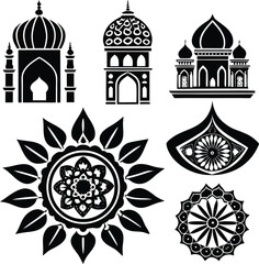 Collection of silhouetted islamic architecture and decorative ornaments for cultural and artistic projects