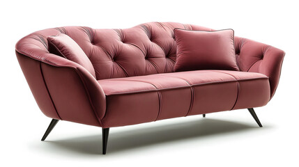 Obraz premium Elegant rose-colored sofa with tufted back and cushions. Isolated furniture piece on white.