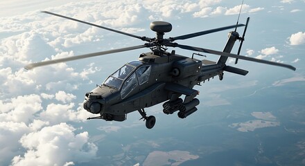 A high-resolution, ultra photo-realistic illustration of an AH-64 Apache attack helicopter flying through the sky, viewed from above. Detailed rotor blades, missile pods, and rugged metallic textures