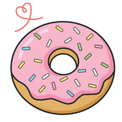 Flat cartoon style illustration of a pink frosted donut with sprinkles, great for bakery, dessert, and snack designs.