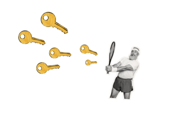 Composite trend artwork 3D sketch image photo collage of silhouette aged man play tennis kick rocket key choose home rent real estate