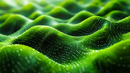 Abstract green organic waves with tiny shimmering particles forming a textured natural landscape with organic patterns and flowing lines