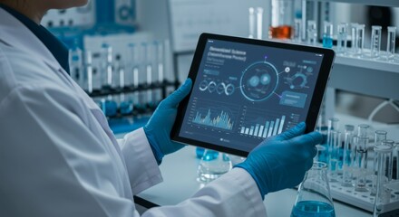 Woman scientist holding tablet computer with research data. Medical science and laboratory technology concept. Innovative healthcare.