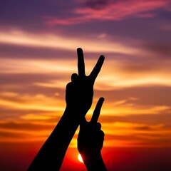 Fototapeta premium Silhouetted hand gestures expressing peace and triumph against a vibrant sunset sky