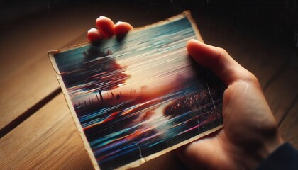 Hand holding a pixelated photograph of a sunset landscape  