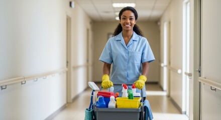 Female cleaner pushes cart with cleaning supplies in hospital corridor. Professional housekeeping for health care facility.