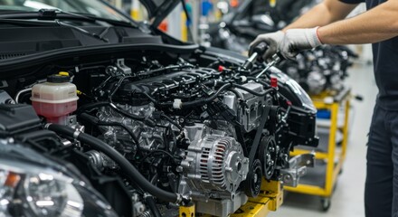 Fototapeta premium Car mechanic man assembling engine in auto factory. Automobile assembly line, industrial manufacturing process. Automotive engineering technology.