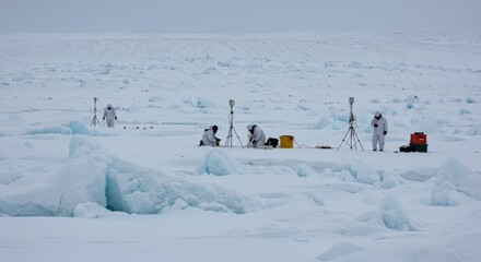 Scientists conducting research on frozen Arctic landscape. Explorers studying climate change, polar environment in cold snowy terrain.