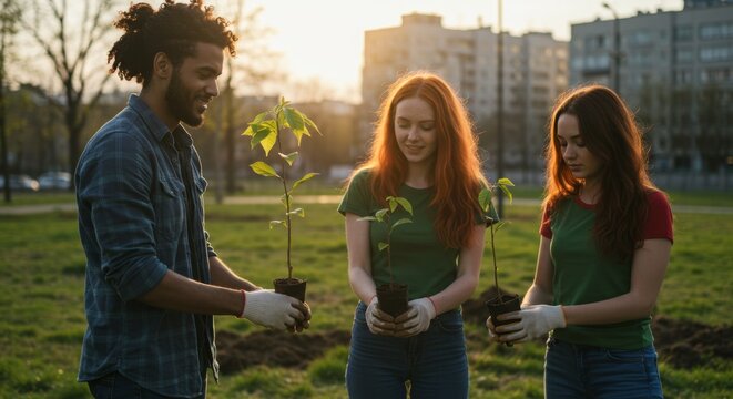 Three young people, two women and one man, holding small saplings in pots, ready to plant them for environmental friendly earth day