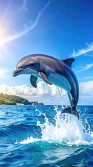 Majestic Dolphin Leaping out of Turquoise Ocean Waters under a Bright Sunlight with Cloudy Sky on the Background in a Stunning Vertical Shot