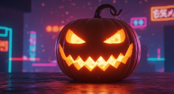 Glowing jack o lantern pumpkin on a wet surface with neon lights in background. Halloween night party celebration spooky render. - Powered by Adobe