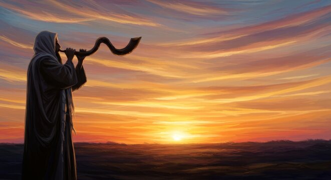 Man blowing shofar during sunset. Jewish holiday concept with spiritual ritual and vibrant golden sky. Rosh Hashanah celebration.