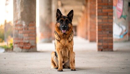 Majestic German Shepherd Portrait Amidst Urban Ruins with Striking Red Brick Pillars and Soft Natural Lighting in a Balanced Composition