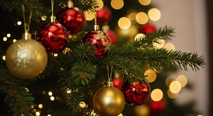 Fototapeta premium Christmas tree ornaments with red and gold baubles and festive lights bokeh