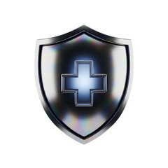 Fototapeta premium Health Shield with Medical Cross Symbol Representing Healthcare and Protection in Shiny Metal Finish