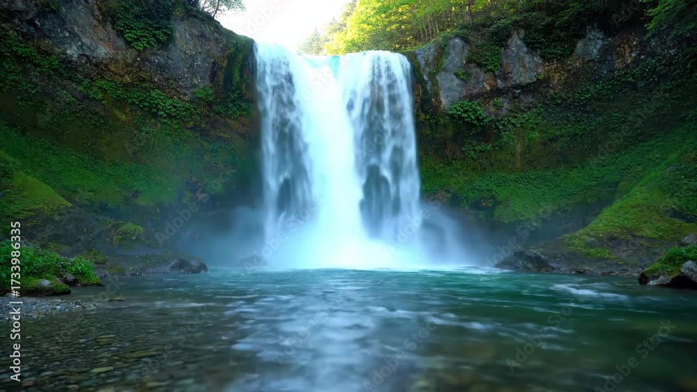 Canvas Prints ﻿slow motion wide shot of a powerful waterfall cascading into a pristine, clear river, enveloped in 