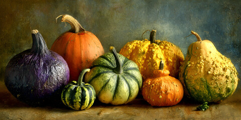 A still life arrangement of various heirloom pumpkins and gourds, including purple, orange, green, and yellow varieties, on a textured surface