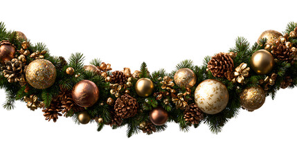 Curved christmas garland with pine cones and ornaments isolated on transparent background