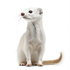 Realistic full body portrait of an ermine in pure white winter coat, standing in side view, isolated on white background, slender body, bright black eyes, cinematic photography, high resolution, sharp