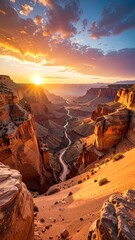 Majestic Grand Canyon at Sunset Golden Hour with Sun Starburst Over Canyon Walls Dramatic Cloudy Sky and Colorado River Winding Through Valley