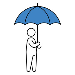 Stick figure holding a blue umbrella simple vector illustration isolated on white background for weather protection concepts