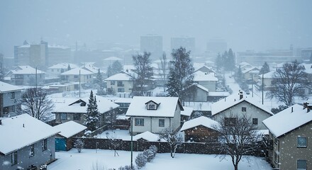Snow covered residential neighborhood aerial view during winter storm