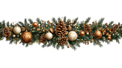 Festive christmas garland with pine cones and ornaments isolated on transparent background