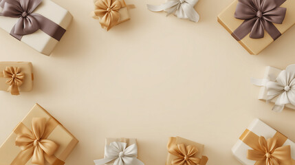 クリスマスプレゼントとリボンで飾られた、背景フレームのイラスト