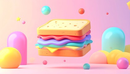 Whimsical 3D Render of a Colorful Stacked Sandwich Floating Amidst Playful Geometric Shapes and Soft Pastel Background