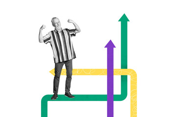 Composite photo collage of happy elderly businessman show biceps arrow development success growth career isolated on painted background