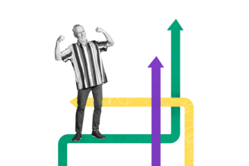 Composite photo collage of happy elderly businessman show biceps arrow development success growth career isolated on painted background