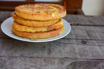 French toast  and white cheese. Rustic breakfast  made from deep fried   bread   with organic free range   eggs