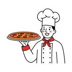 Smiling chef holding a pizza wearing a toque and uniform vector illustration for restaurant or food service advertising