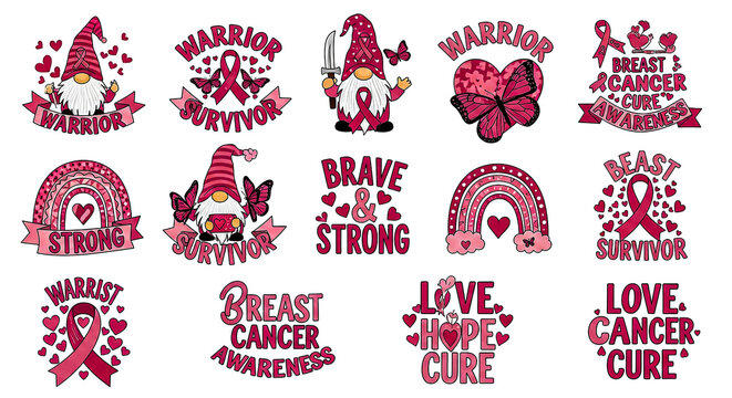 A joyful pink-themed collection with gnomes butterflies rainbows hearts and slogans celebrates breast cancer awareness honoring warriors and survivors with messages of love hope strength and cure  