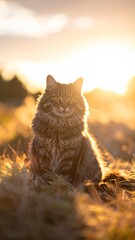 Majestic Long Haired Cat Sitting in Golden Sunlight on Grassy Field at Sunset with Blurred Background and Warm Ambient Light