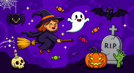A cheerful cartoon witch riding a broom alongside a smiling ghost candy bats and pumpkins captures the playful and magical energy of Halloween night bringing spooky fun with a lighthearted twist  