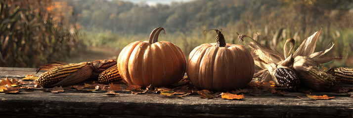 Two pumpkins and dried corn stalks sit on a wooden surface with autumn leaves scattered around, evoking a harvest theme