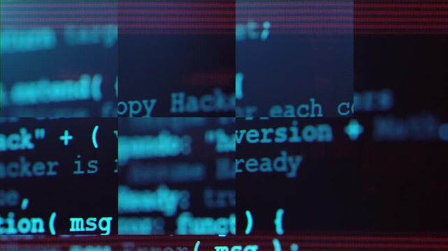 Close up of computer screen with blue programming code, glitch distortion and digital noise, futuristic hacker background, system error, data corruption and cybersecurity concept. Software hack