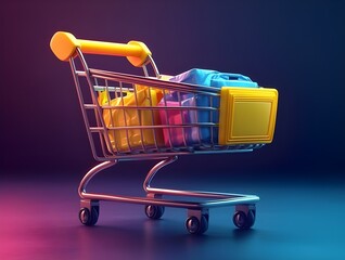 colorful three dimensional shopping cart filled with vibrant gift boxes and packages on gradient purple blue background concept