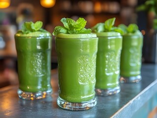  fresh green smoothie drinks with mint garnish served in textured glasses at modern cafe bar counter