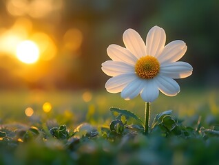 delicate white daisy flower blooming in golden sunset light with soft bokeh background in natural meadow