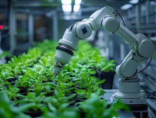 industrial robotic arm tending to fresh green plants in automated indoor vertical farming greenhouse operation