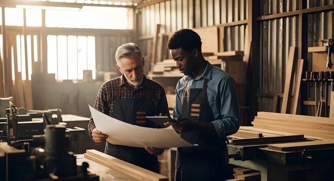 Two carpenters working together in a woodworking workshop shop