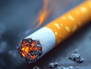 burning cigarette with glowing ember and rising smoke on dark surface closeup