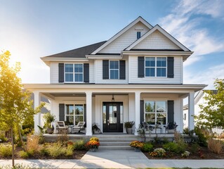 Fototapeta premium Exterior view of a beautiful, modern two-story suburban house with white siding, dark shutters, a large covered porch, and a sunny landscaped front yard.
