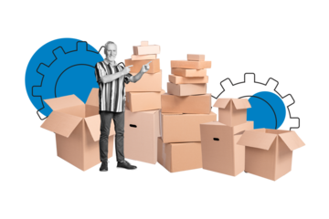 Composite photo collage of happy old man point carton box pile postal worker gearwheel settings import isolated on painted background